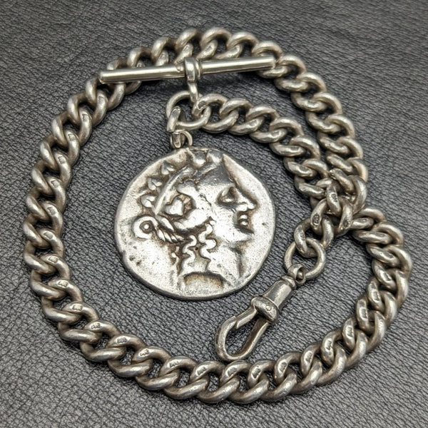 1900年頃 英国アンティーク 純銀(925シルバー)アルバートチェーン 62g ローマ銀貨フォブ